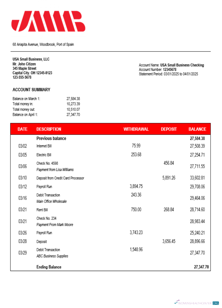 Download Spain JMMB checking account statement Word and PDF template Photoshop template